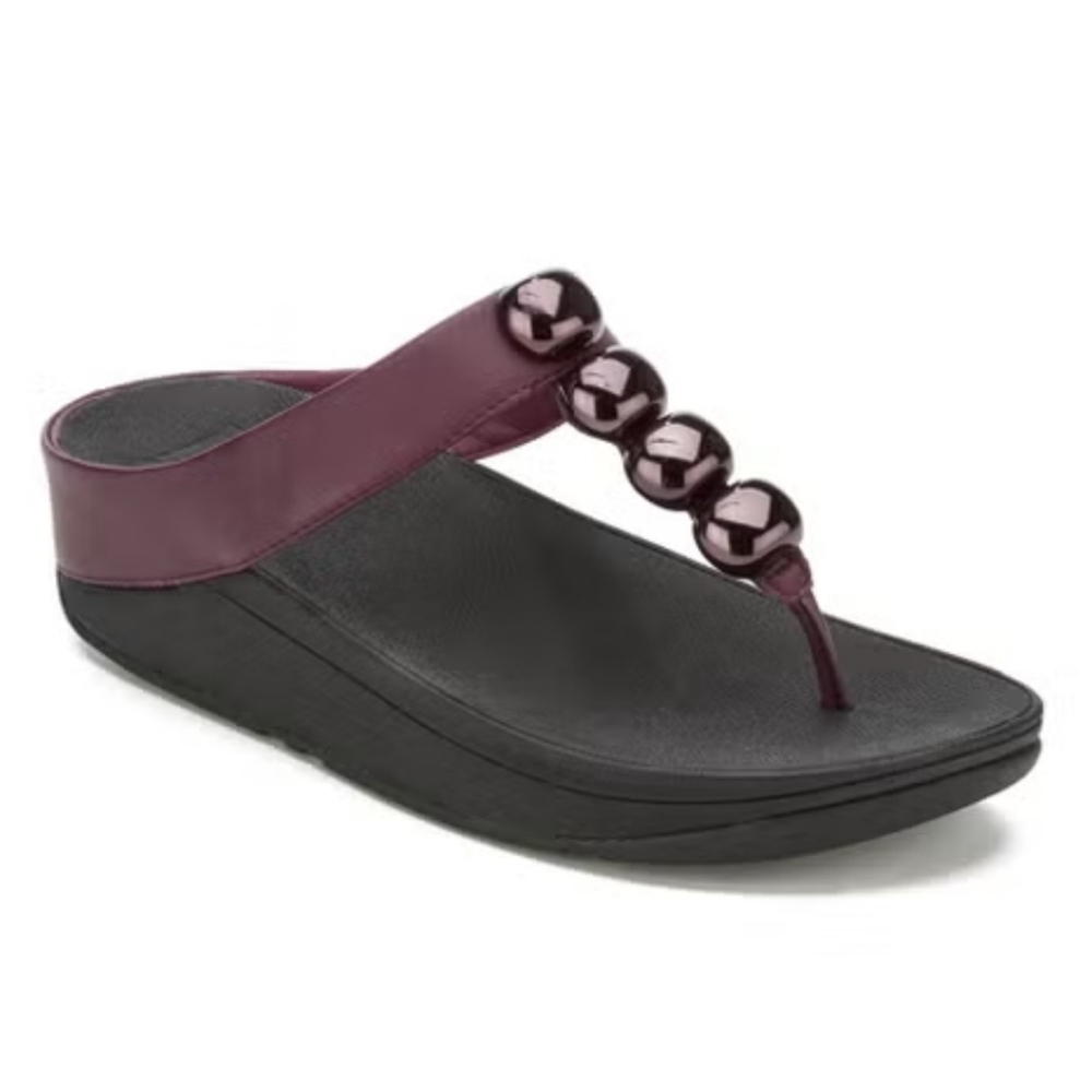 FitFlop Rola Hot Cherry Leather Toe-Post Wedge Comfort Summer Vacation Sandals 7
